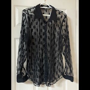 Black Flocked Coffin Sheer Long-Sleeve Button-Up
